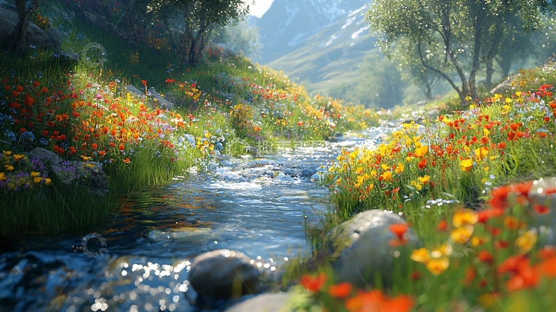 高清大图下载【趣麦麦图】山谷溪流鲜花盛开