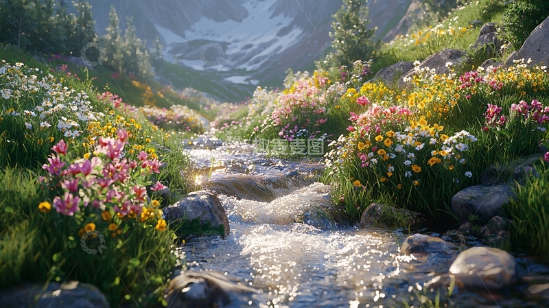 高清大图下载【趣麦麦图】山间溪流野花盛开