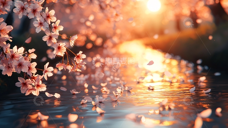 高清大图下载【趣麦麦图】夕阳下樱花飘落水面