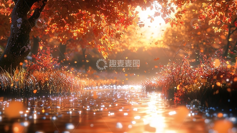 高清大图下载【趣麦麦图】秋日暖阳下的枫叶小溪