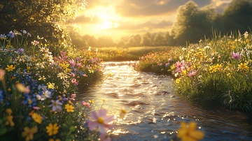 阳光洒在溪流与野花之间
