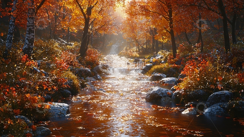 高清大图下载【趣麦麦图】秋日溪流森林景色