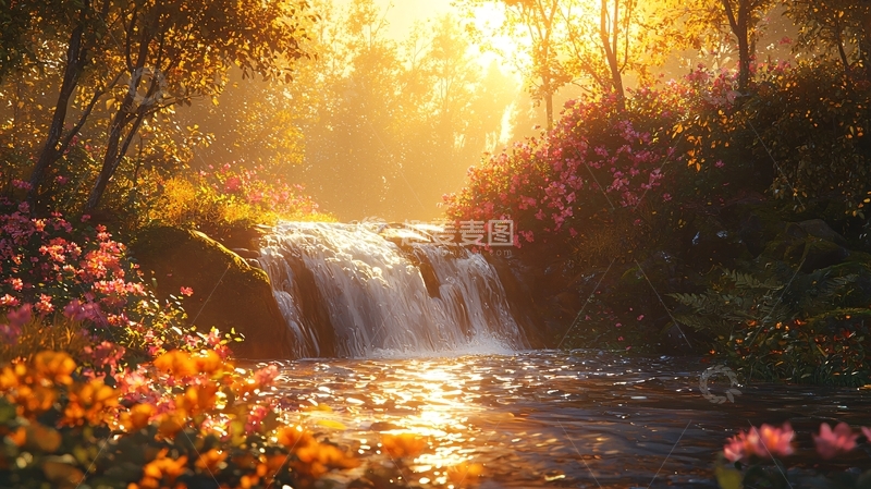 高清大图下载【趣麦麦图】阳光森林瀑布