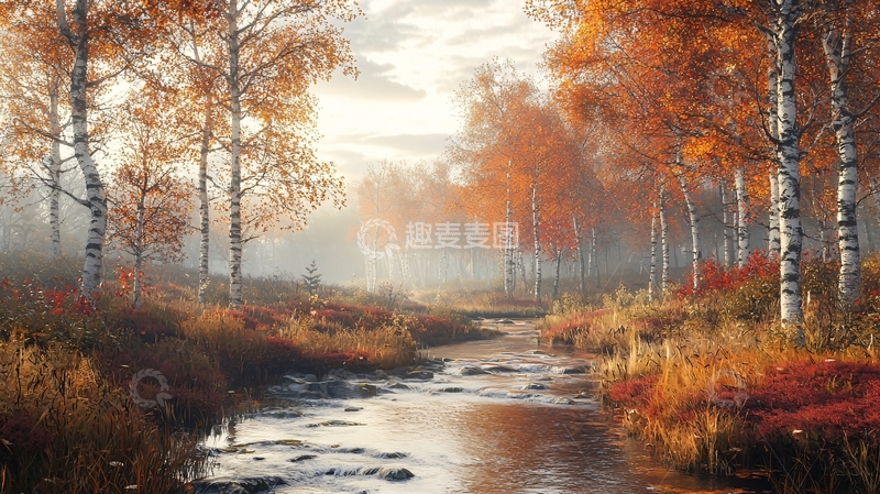 高清大图下载【趣麦麦图】秋日清晨雾气森林小溪