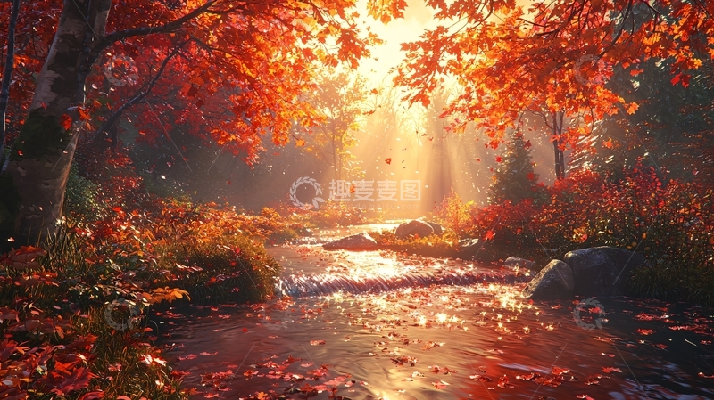 高清大图下载【趣麦麦图】秋日森林溪流阳光