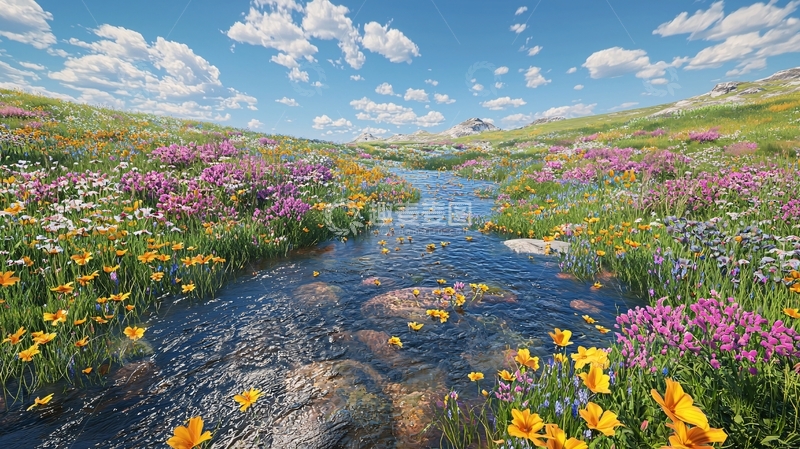 高清大图下载【趣麦麦图】山间溪流野花盛开