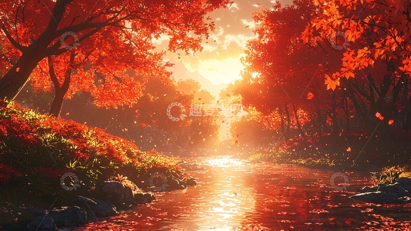 高清大图下载【趣麦麦图】秋日枫叶红叶小溪