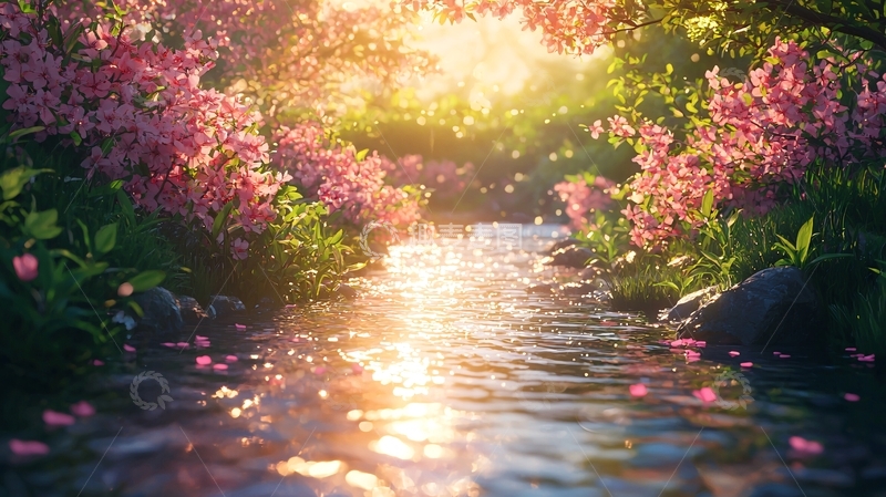 高清大图下载【趣麦麦图】阳光洒落粉色花海溪流