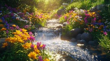 阳光溪流鲜花盛开