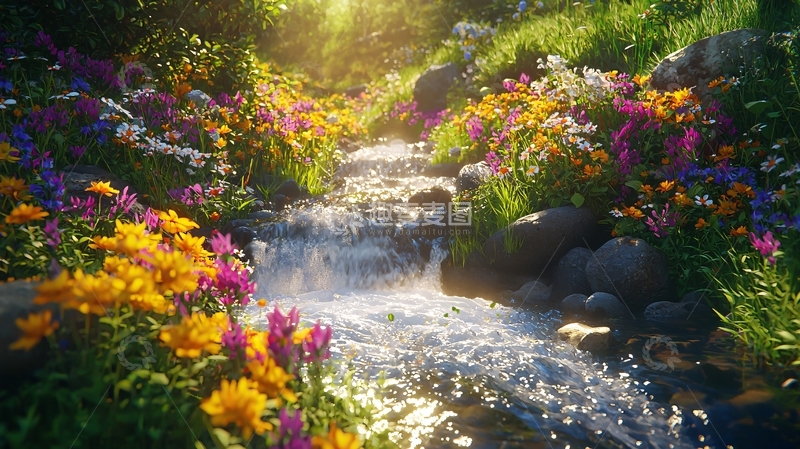 高清大图下载【趣麦麦图】阳光溪流鲜花盛开