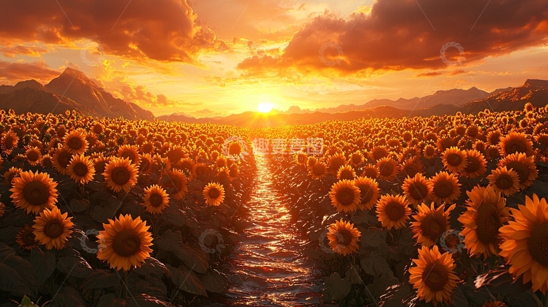 高清大图下载【趣麦麦图】夕阳下的向日葵田