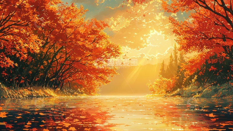 高清大图下载【趣麦麦图】秋日暖阳下的红叶河流