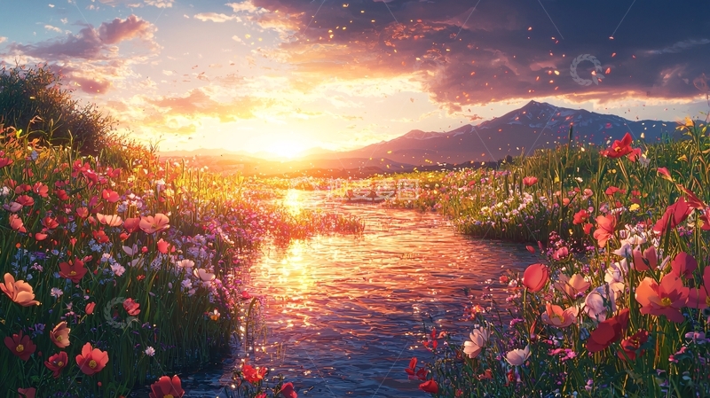 高清大图下载【趣麦麦图】日落花海溪流风景