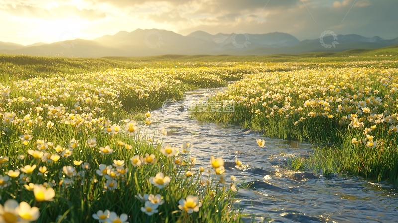 高清大图下载【趣麦麦图】夕阳下金黄花海溪流