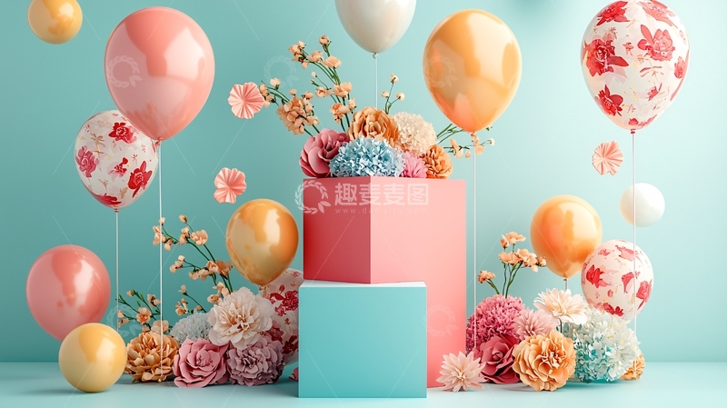 高清大图下载【趣麦麦图】粉色系气球花朵背景