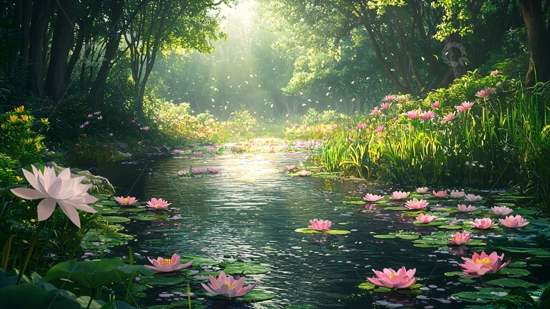 高清大图下载【趣麦麦图】阳光森林溪流粉色睡莲