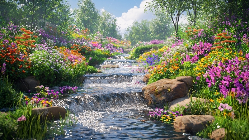 高清大图下载【趣麦麦图】春意盎然的溪流花海