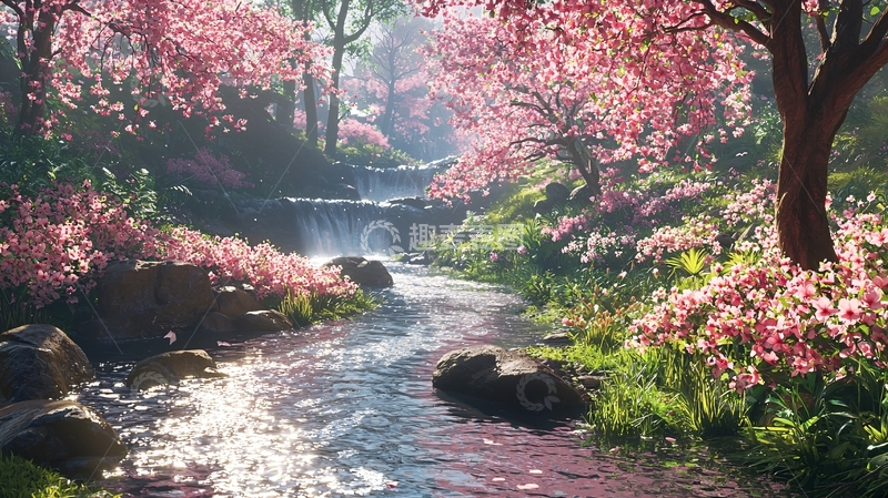 高清大图下载【趣麦麦图】梦幻粉色樱花溪流