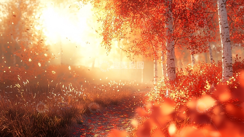 高清大图下载【趣麦麦图】秋日暖阳下的红叶森林