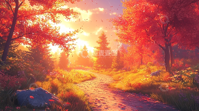 高清大图下载【趣麦麦图】秋日落日森林小路