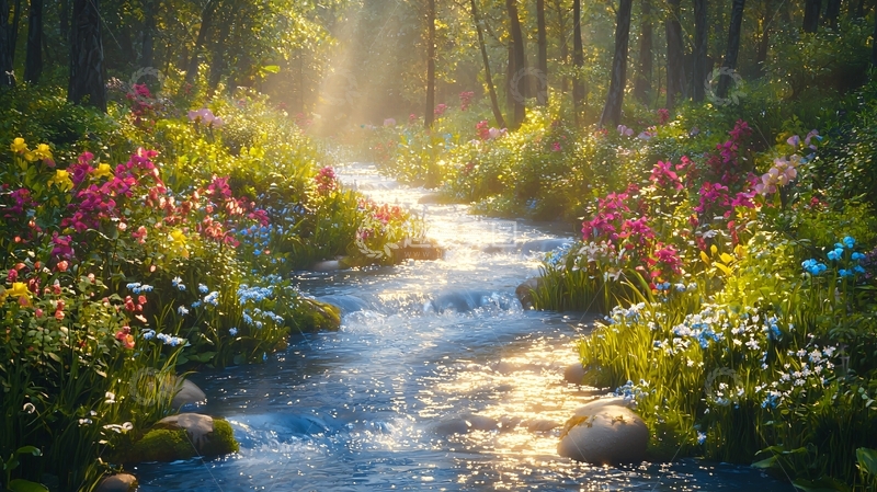 高清大图下载【趣麦麦图】阳光森林溪流