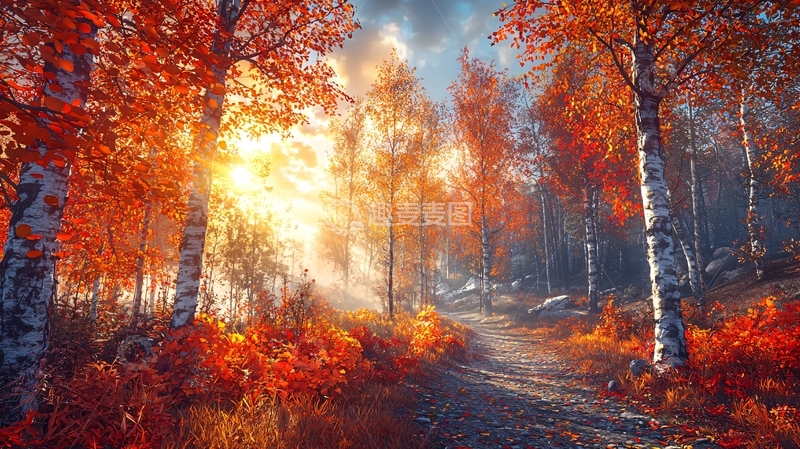 高清大图下载【趣麦麦图】秋日森林小路阳光洒落
