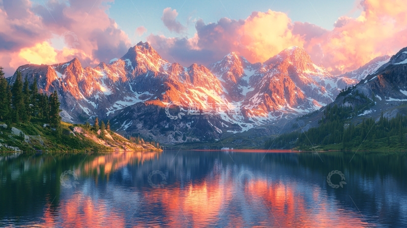 高清大图下载【趣麦麦图】壮丽雪山日出湖景