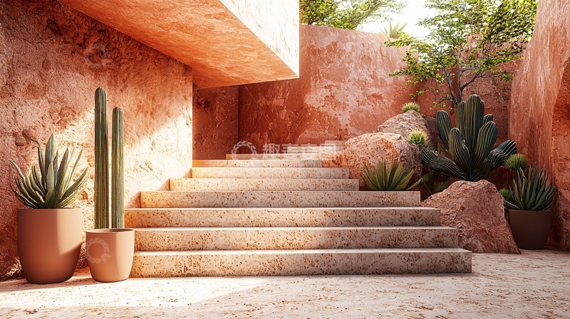 高清大图下载【趣麦麦图】红土墙石阶庭院