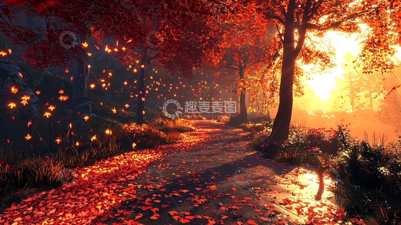 高清大图下载【趣麦麦图】秋日落叶小路夕阳