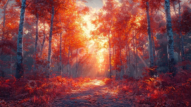 高清大图下载【趣麦麦图】红叶森林日出
