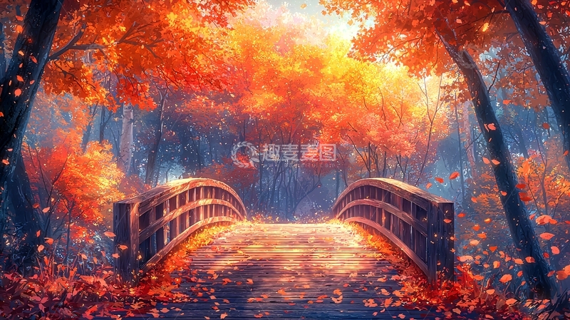 高清大图下载【趣麦麦图】秋日红叶小桥流水人家