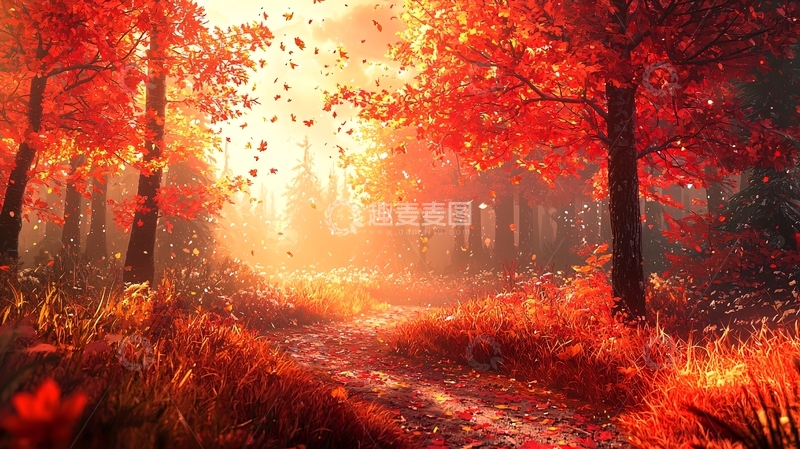 高清大图下载【趣麦麦图】秋日红叶森林小路