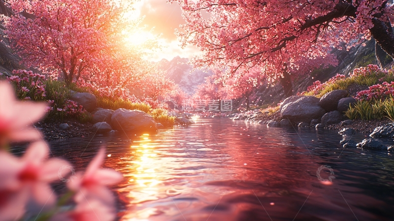 高清大图下载【趣麦麦图】唯美樱花溪流日落