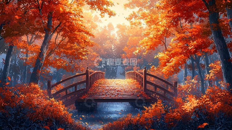 高清大图下载【趣麦麦图】秋日森林小桥