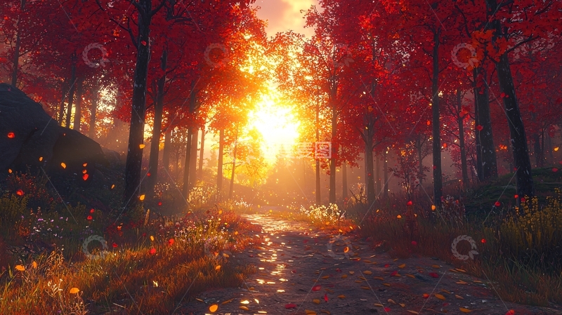 高清大图下载【趣麦麦图】红叶森林日落