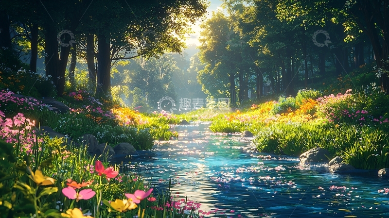 高清大图下载【趣麦麦图】-阳光森林小溪鲜花