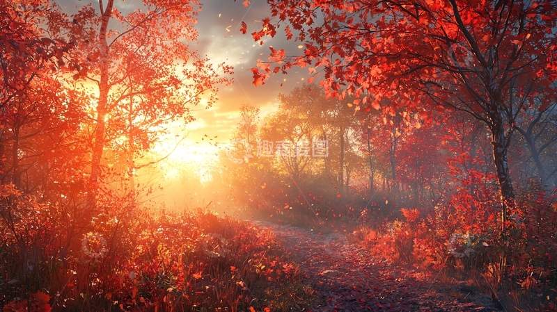 高清大图下载【趣麦麦图】红叶森林日出