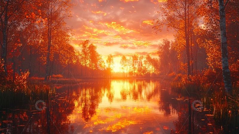 高清大图下载【趣麦麦图】秋日湖边日落景色