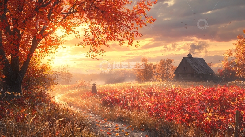 高清大图下载【趣麦麦图】秋日田园小路落日余晖