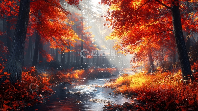 高清大图下载【趣麦麦图】秋日森林的河流美景