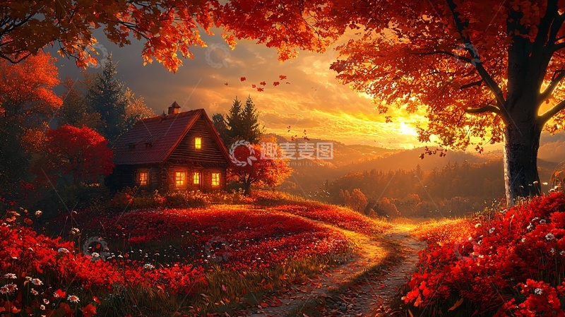 高清大图下载【趣麦麦图】秋日小屋落日余晖
