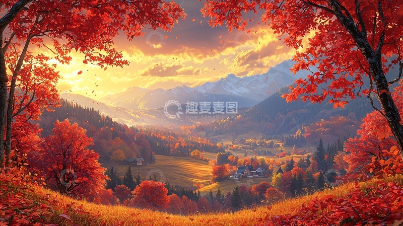 高清大图下载【趣麦麦图】秋日红叶山谷日落
