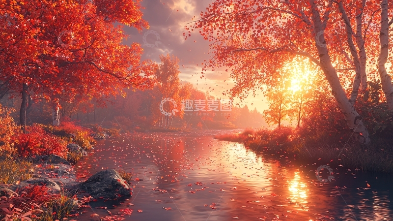 高清大图下载【趣麦麦图】秋日红叶倒映溪流