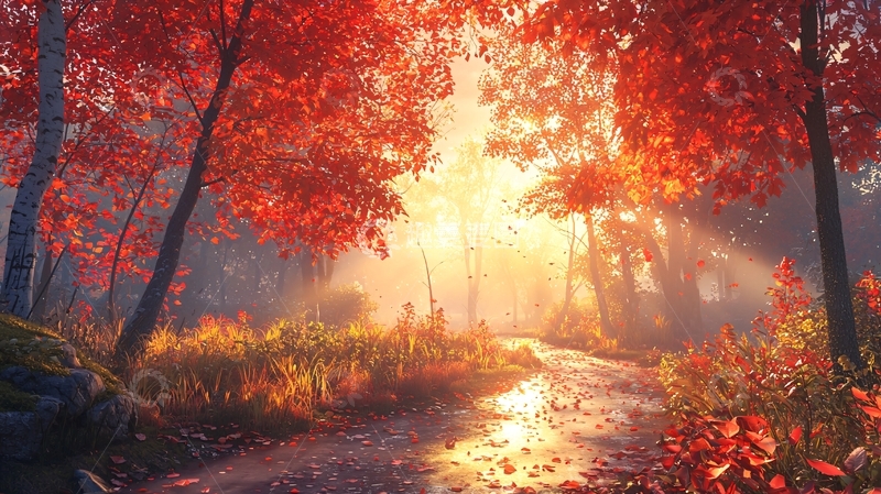 高清大图下载【趣麦麦图】秋日红叶森林小溪