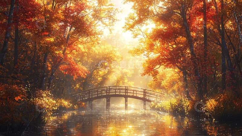 高清大图下载【趣麦麦图】秋日暖阳下的木桥