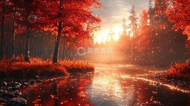 高清大图下载【趣麦麦图】秋日森林河流夕阳