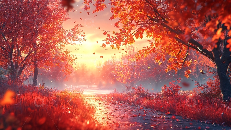 高清大图下载【趣麦麦图】秋日暖阳下的红叶小溪
