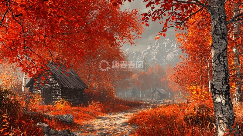 高清大图下载【趣麦麦图】秋日雾中小屋