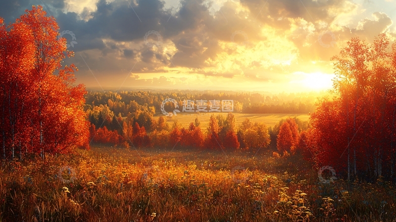 高清大图下载【趣麦麦图】秋日落日下的红叶田野
