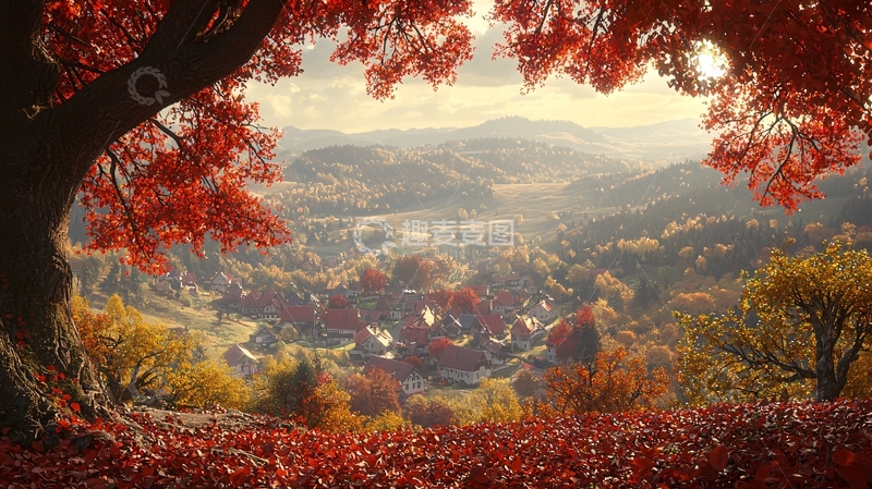 高清大图下载【趣麦麦图】秋日红叶山谷景色